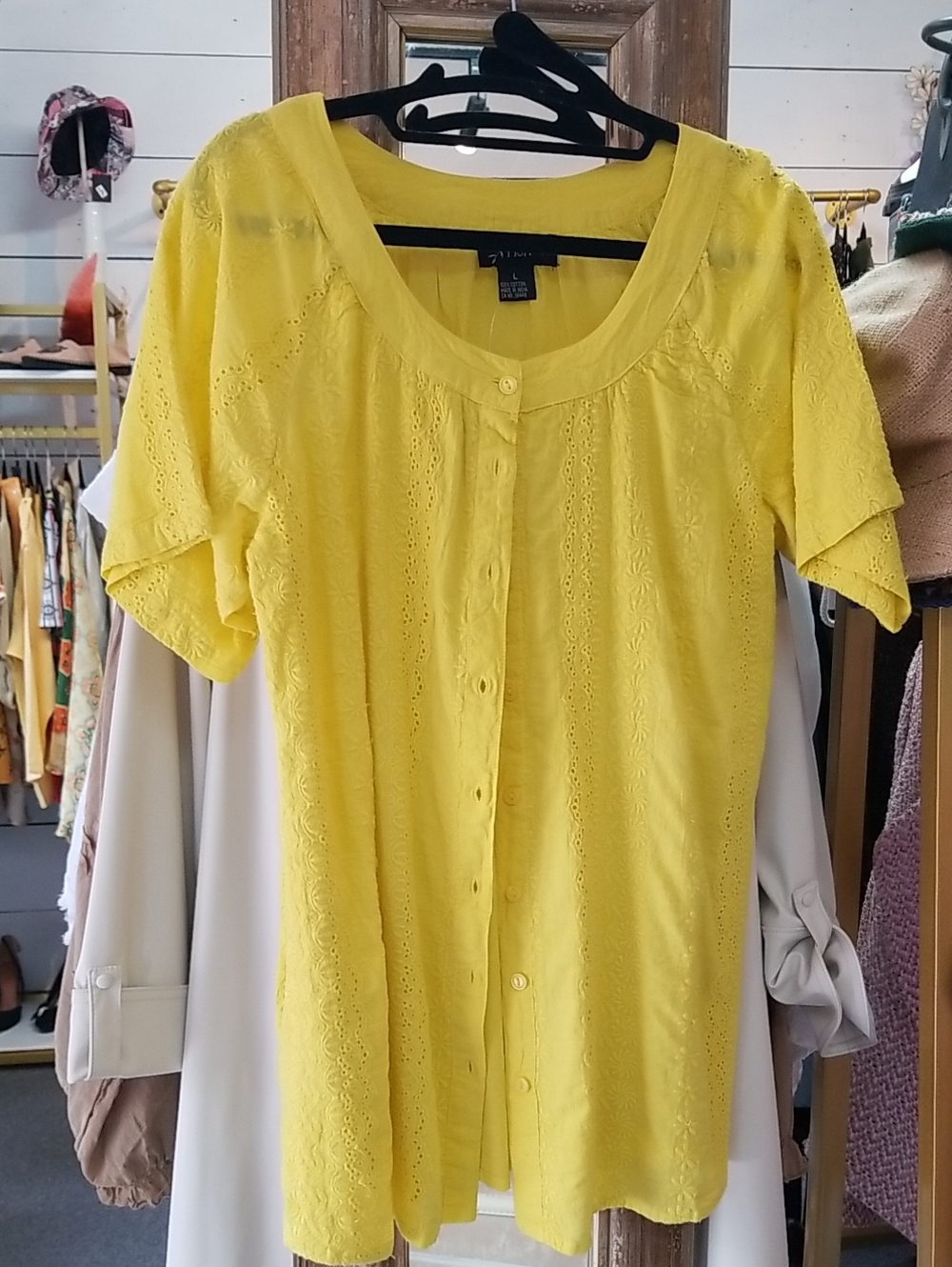 Women’s Bright Yellow Button-Front Eyelet Top
